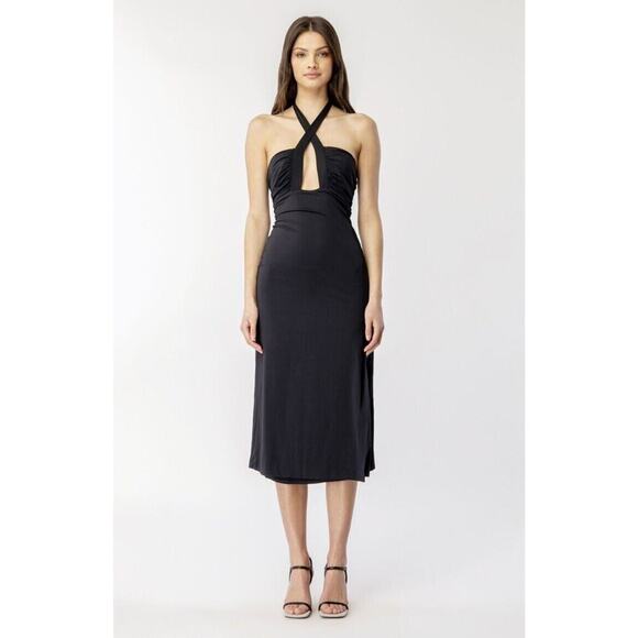 Bardot Womens Guilia Tie Neck Midi Halter Dress Sleeveless Back Zip Black Size M - Picture 1 of 8
